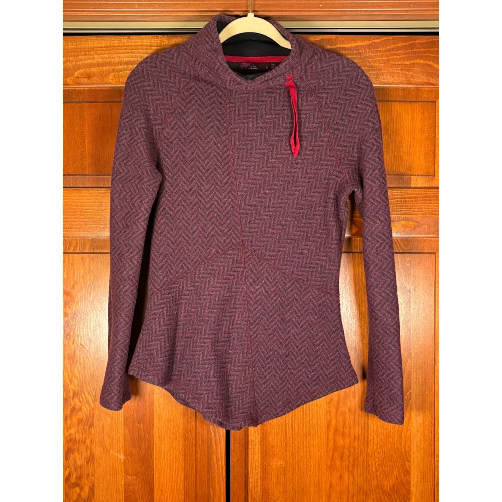 PrAna Mattea Pullover Sweater Knit Wool Blend Chevron Funnel Neck Red Plum W S - Picture 3 of 10